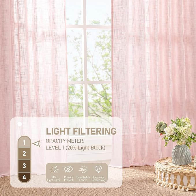 LAMIT Pink Linen Curtains 45 Inch Length 2 Panels, Light Filtering Panels Back - Image 4