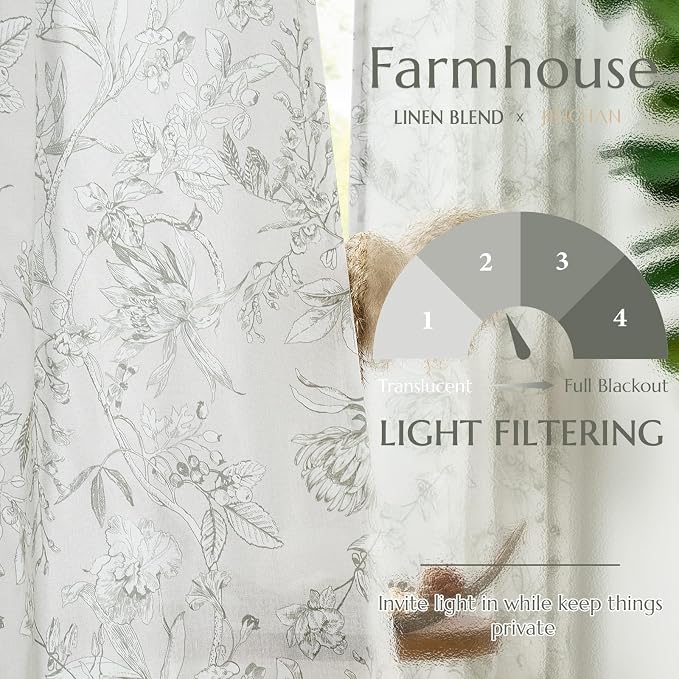 jinchan Floral Curtains 96 Inches Long Charcoal Grey Flower Linen Farmhouse - Image 3