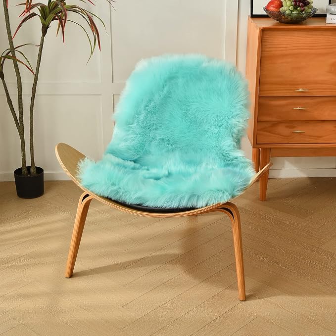 duduta Turquoise Blue Sheepskin Throw Rug 2x3 ft, Fluffy Shag Faux Fur Chair - Image 3