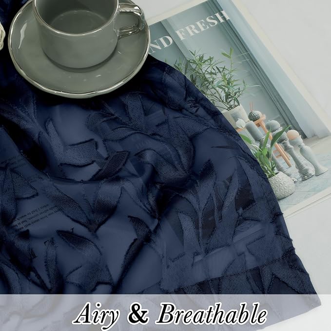 Lecloud Leia Navy Blue Sheer Kitchen Curtains 36 Inch Length 2 Panels, Jacquard - Image 2