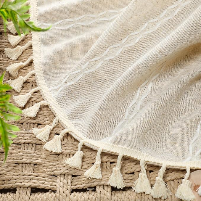 Boho Light Filtering Curtains 63 Inches Long Beige Linen Blend 2 Panels - Image 4