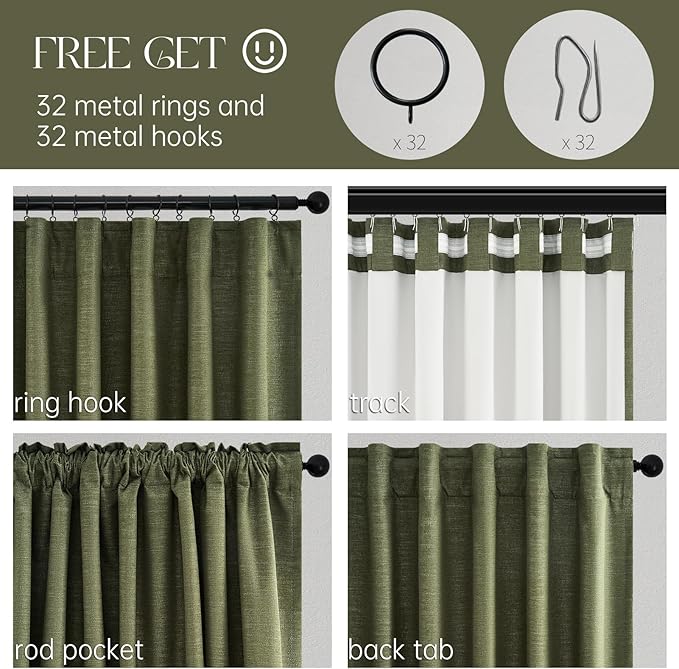 Topfinel Olive Green 63 Inch Long Linen Blackout Curtains 2 Panels Set Thermal - Image 3