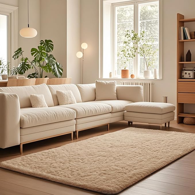 Ophanie Beige Rugs for Living Room Bedroom, 5x8 Fluffy Fuzzy Furry Carpet by Ophanie