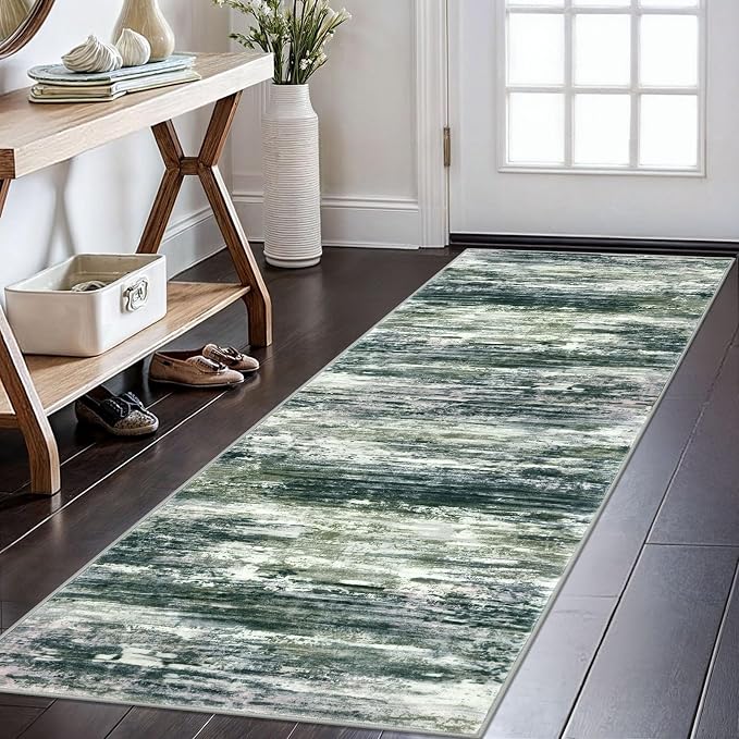 KOZYFLY Modern Abstract Runner Rugs 2x6 Green Yellow Machine Washable Area Rug by KOZYFLY