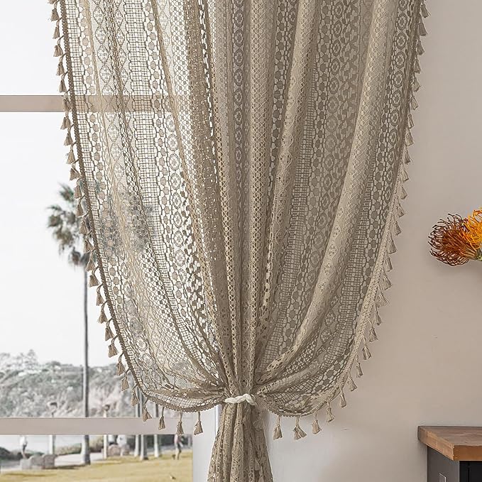WAZZIO Boho Lace Curtains 63 Inches 2 Panel, Light Filtering Privacy Tassel & by WAZZIO