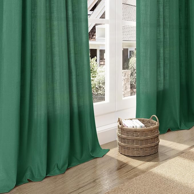 Dark Green Linen Curtains 90 Inch Long 2 Panels Set - Image 6