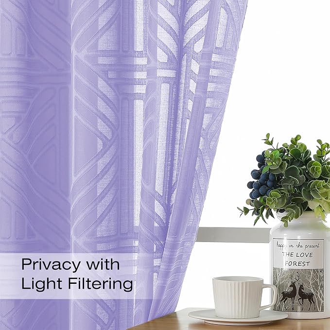 Simplebrand Lavender Semi Sheer Curtains 45 Inch Length 2 Panels, Geometric - Image 2