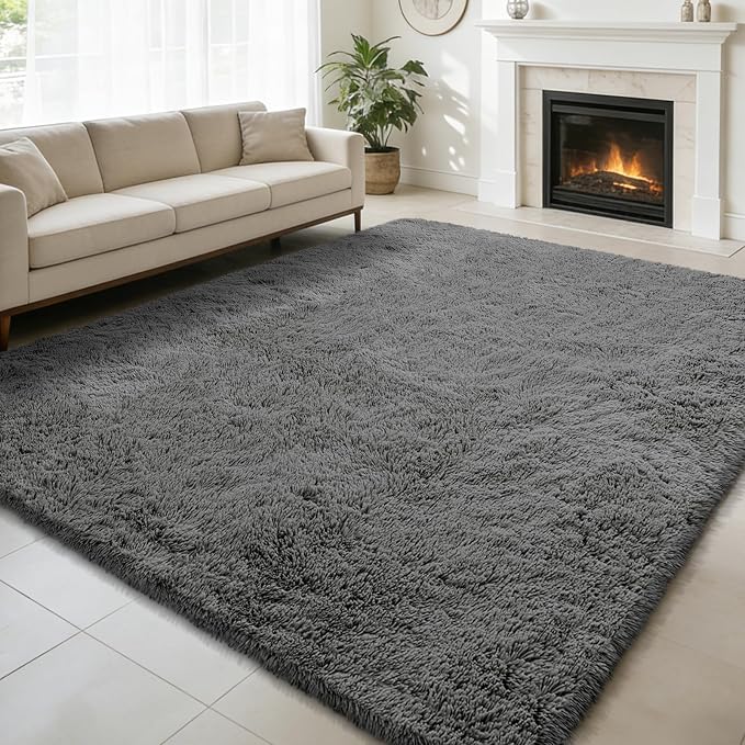 8x10 Fluffy Area Rugs for Living Room, Shag Area Rug for Bedroom, Deep Grey by yulidayang