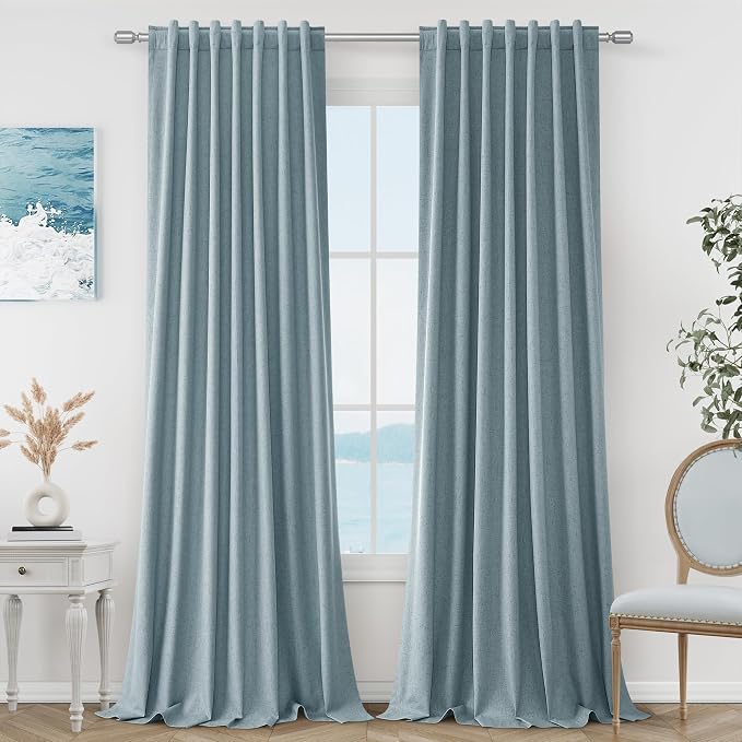 Guken Blue 100% Blackout Linen Curtains 84 Inch Length 2 Panels Set by Guken