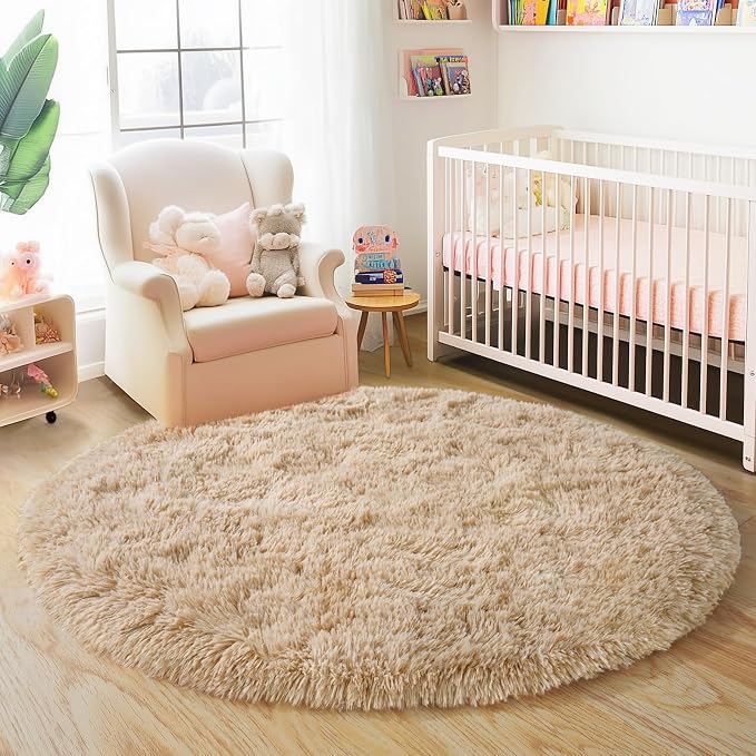 3'x3' Beige Round Rug for Bedroom, Ultra Soft Fluffy Circle Rug for Kids Girls - Image 6