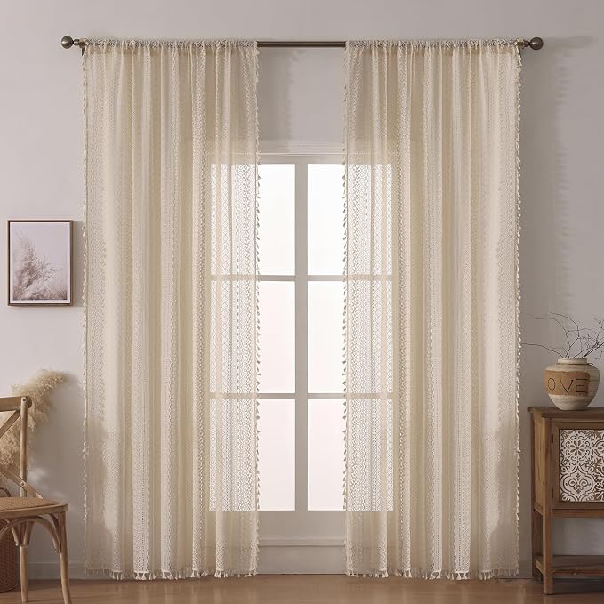 WAZZIO Boho Lace Curtains 80 Inches 2 Panel, Light Filtering Privacy Tassel & - Image 3