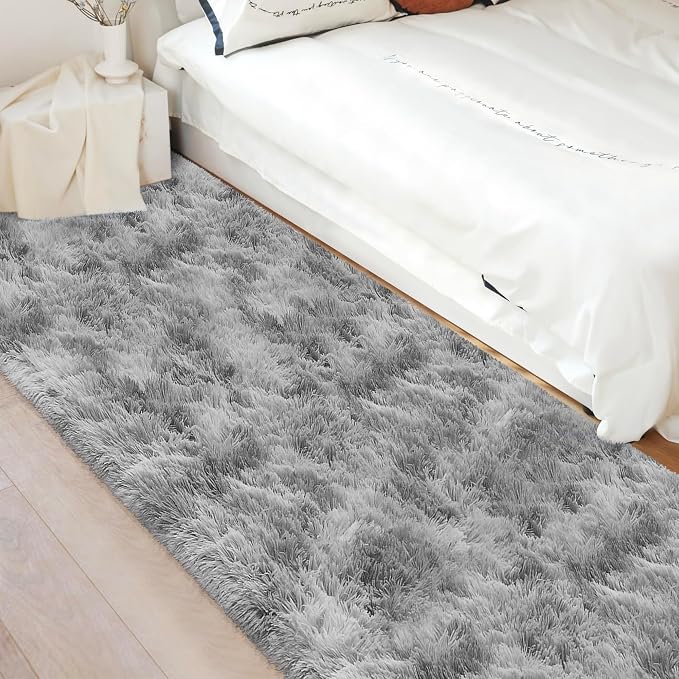 Super Soft Fluffy Living Room Area Rug 3x10 ft Tie-Dyed Light Grey Shaggy Furry - Image 4