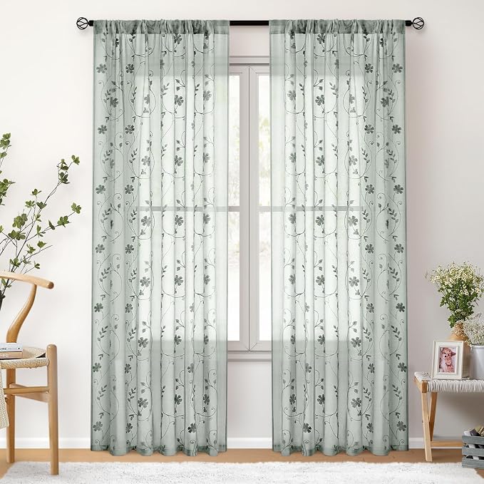 HOMEIDEAS Sage Green Sheer Curtains 96 Inches Long 2 Panels Embroidered Floral - Image 7