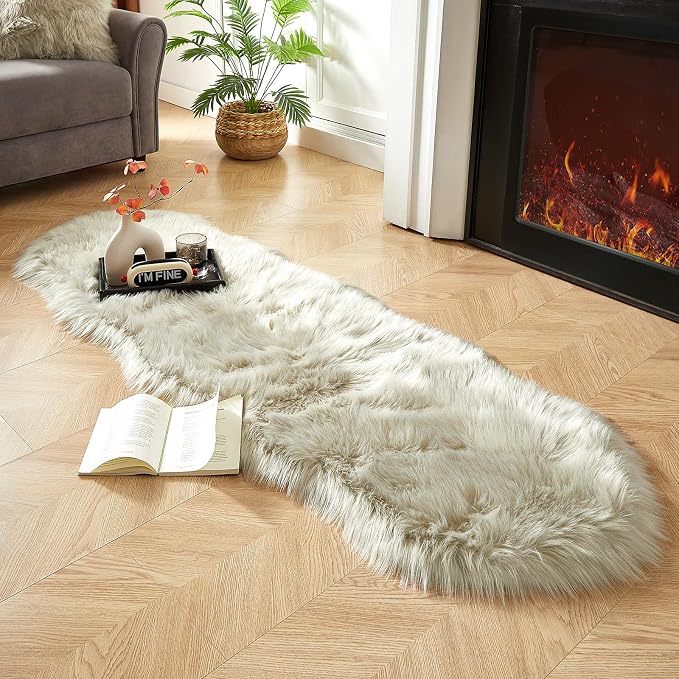 AMTOVO Faux Sheepskin Rug, Light Grey Ultra Soft Fluffy Shag Area Rug, 2 x 6 ft - Image 4
