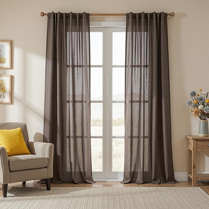 MYSKY HOME 108 Inches Long Dark Brown Sheer Curtains by MYSKYHOME