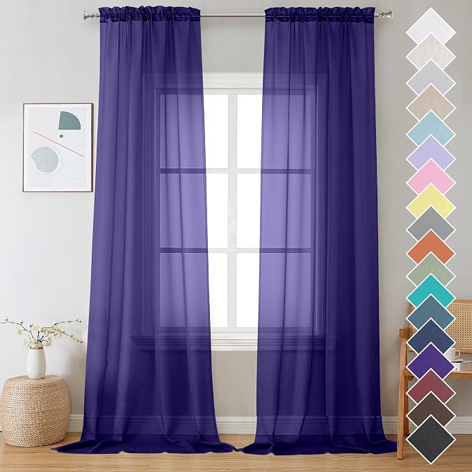 OVZME Purple Sheer Curtains 108 Inches Long, Light Filtering Semi Transparent by OVZME