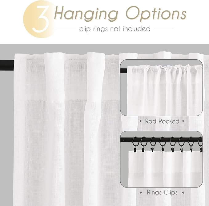 White Linen Curtains 72 inch Long 2 Panel Set - Image 2