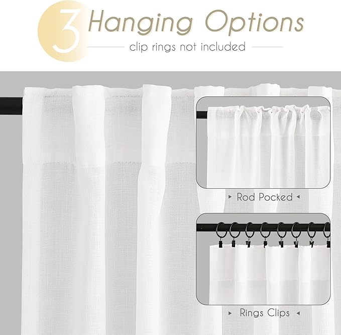 White Linen Curtains 63 inch Length 2 Panel Set - Image 5