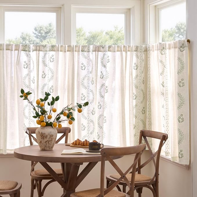 jinchan Belrose Linen Floral Cafe Curtains 45 Inch Length Embroidered Farmhouse - Image 3