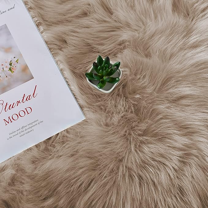Latepis Round Rug 6.7ft Light Brown Beige Faux Fur Circle Rugs Washable Shag - Image 6