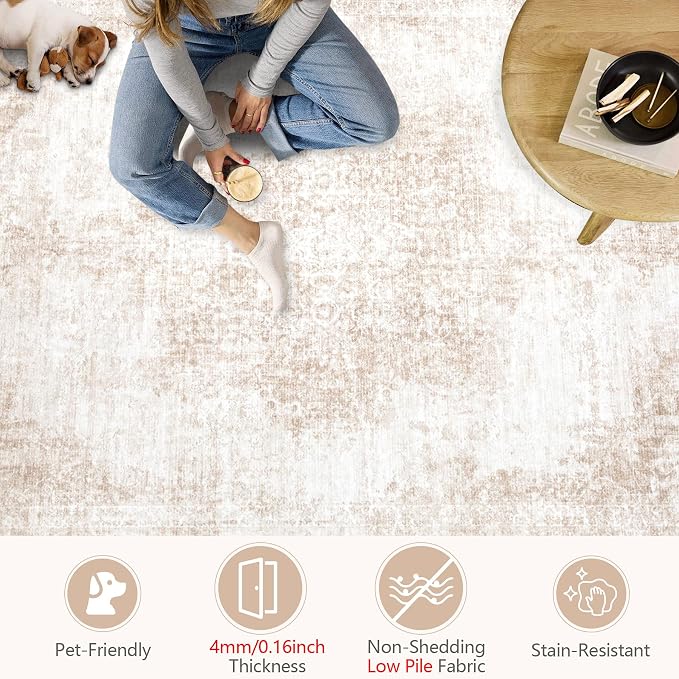 Area Rug 5x7 Vintage Rugs: Washable Living Room Rug Retro Medallion Distressed - Image 7