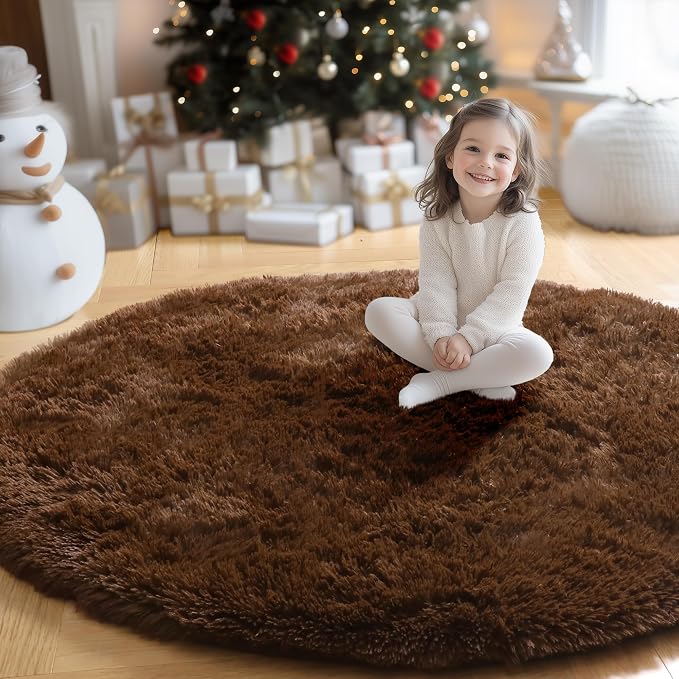 Amdrebio Dark Brown Rug 4Ft for Bedroom, Round Fluffy Shag Plush Area Rugs for - Image 4