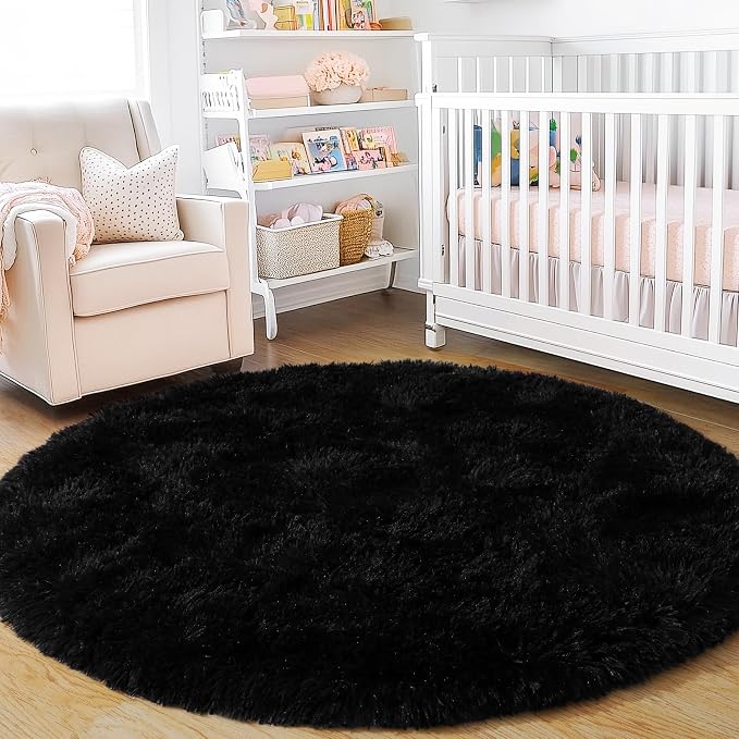 4'x4' Black Round Rug for Bedroom, Ultra Soft Fluffy Circle Rug for Kids Girls - Image 9