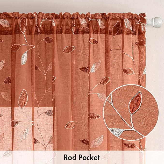 MIULEE Burnt Orange Sheer Curtains 2 Panels Embroidered Leaf Patterned Rod - Image 6