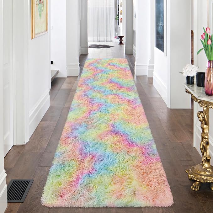 Fluffy Rainbow Rug for Girls Bedroom 2x8 Feet Kawaii Tie Dye Area Rug Colorful - Image 2