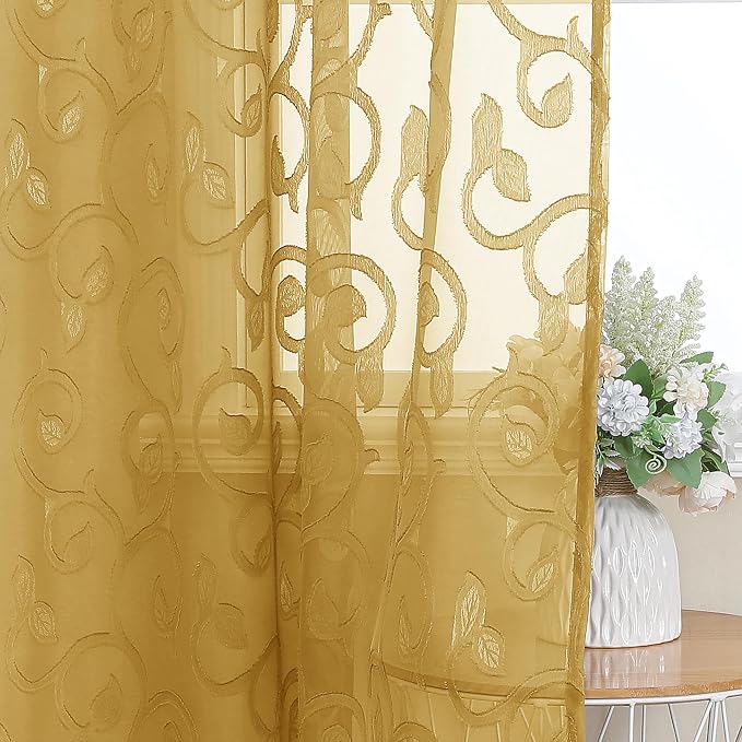 OWENIE Furman Gold Sheer Curtains 45 Inch Length 2 Panels Set - Image 6