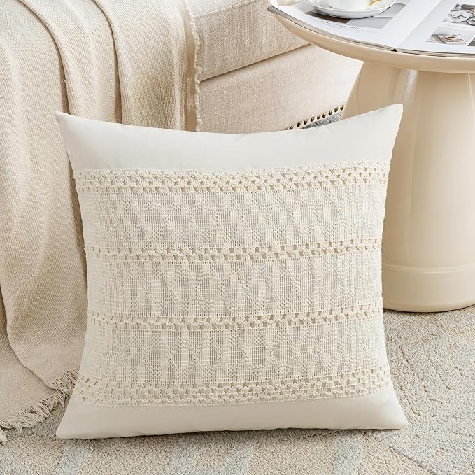 Fancy Homi Set of 1 Boho Cream Decorative Throw Pillow Cover 18x18 Inch by Fancy+Homi