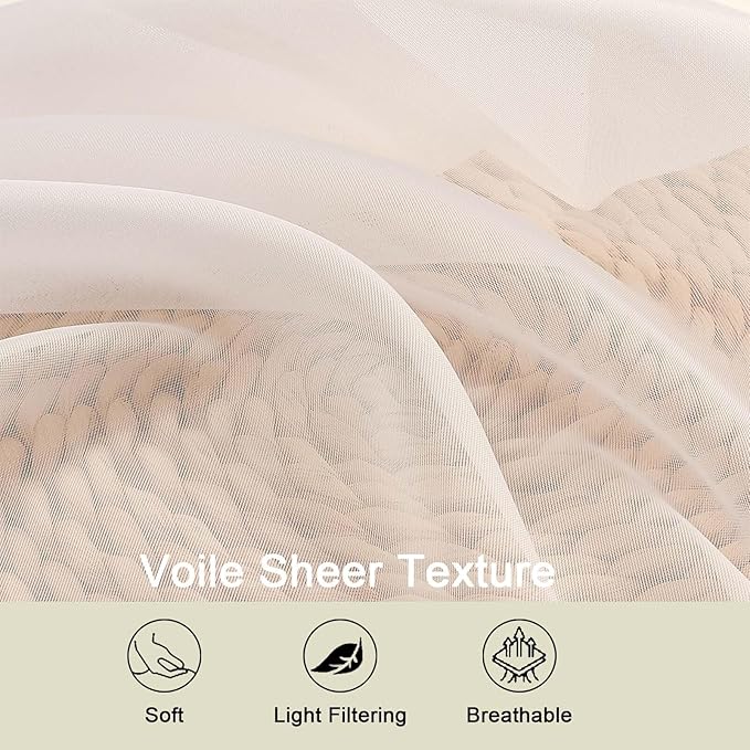 Cream Sheer Curtains 63 Inch Length 2 Panels Set - Image 3