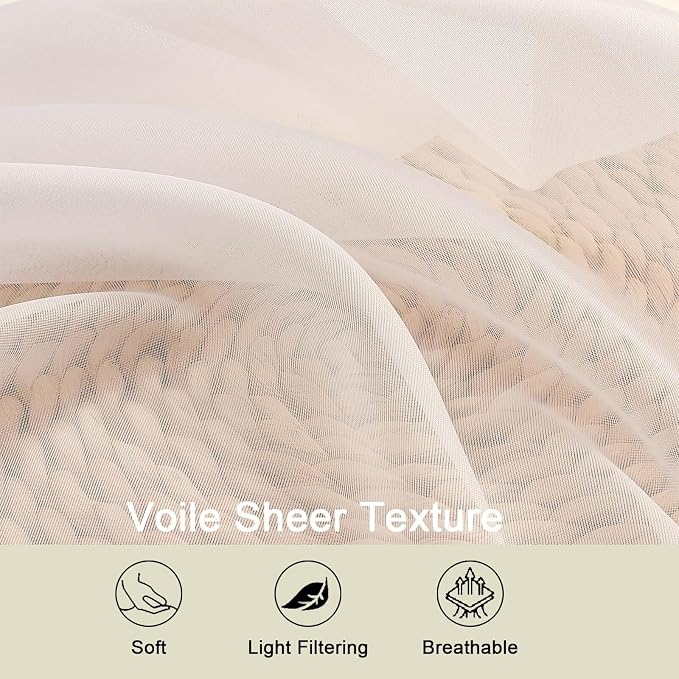 Cream Sheer Curtains for Bedroom Living Room 54 Inch Length 2 Panels Set - Image 3