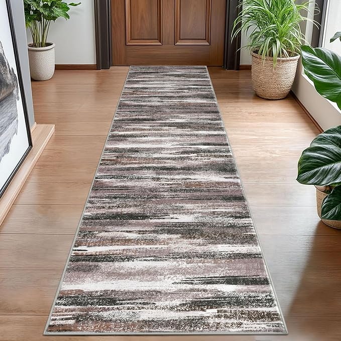 Lansny Modern Abstract Hallway Runner Rug, Dark Light Brown White Washable by lansny