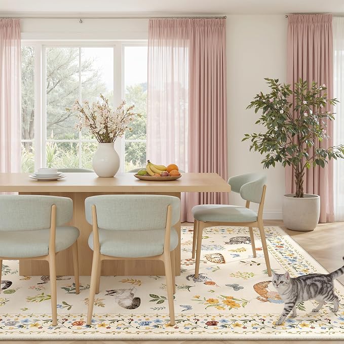 Cat 9x12 Area Rugs for Living Room, Machine Washable Animal Floral Vintage Rug - Image 2