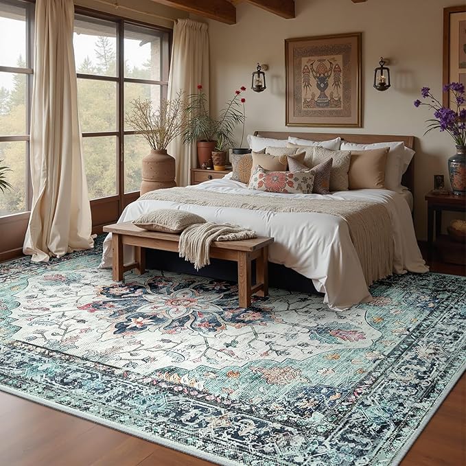 Area Rugs 9'x12' Washable Non-Slip, Floral Vintage Distress Print Pattern - Image 2