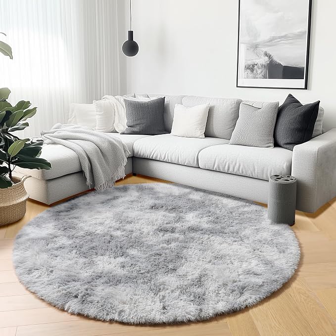 ONASAR Round Rugs 5ft for Bedroom Living Room, Fluffy Tie-Dyed Light Grey - Image 4