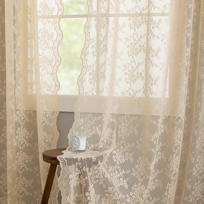 YJ YANJUN Vintage Lace Curtains 96 Inches Long-Victorian Floral Beige Sheer - Image 5