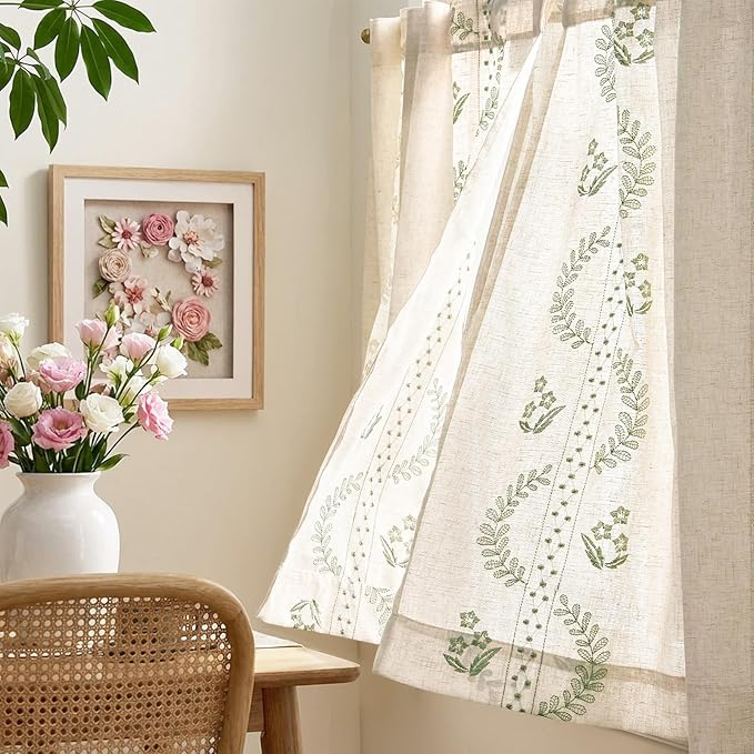 jinchan Belrose Linen Floral Kitchen Curtains 36 inch Length Embroidered - Image 4