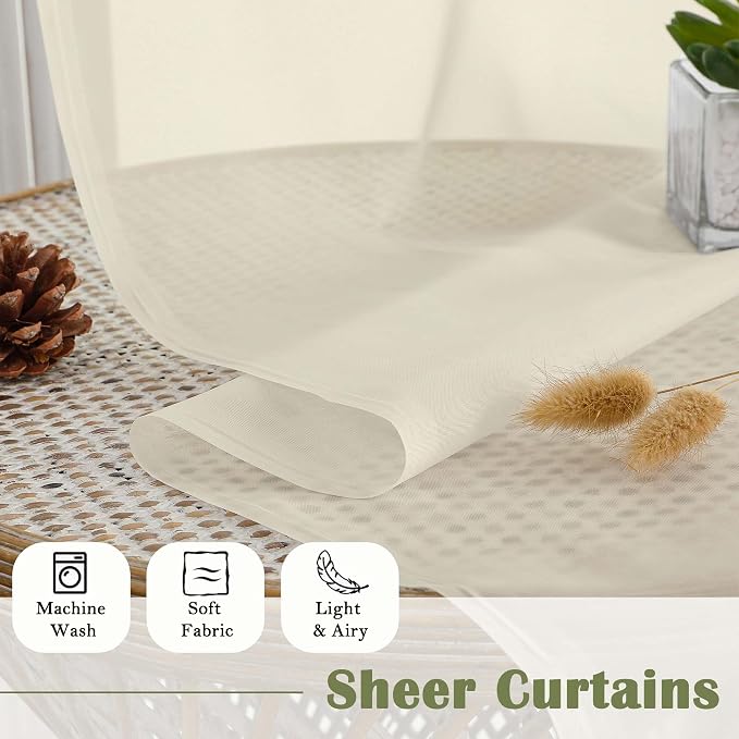 Lecloud Cream Sheer Curtains 84 Inches Long 2 Pcs, Dual Rod Pocket Breathable - Image 8