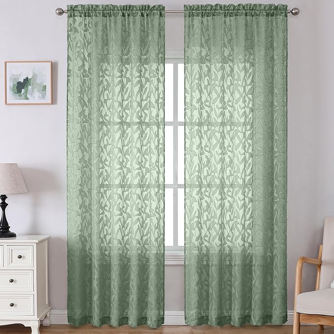 Lecloud Leia Sage Green Sheer Curtains 108 Inches Long 2 Panels, Airy Jacquard by Lecloud