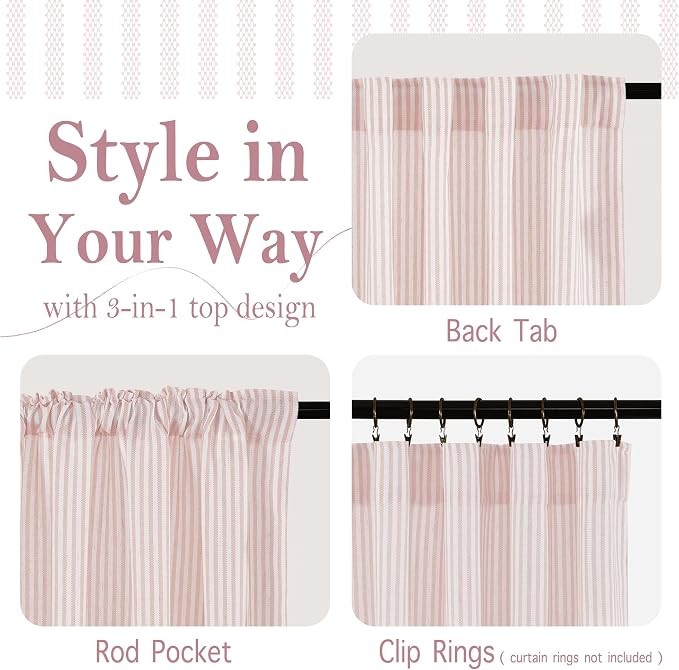 RYB HOME Cafe Striped Curtains for Kitchen Bathroom Small Window, Linen - Image 2