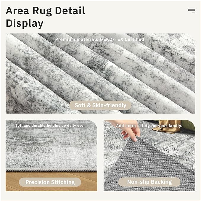 6x9 Abstract Area Rugs for Living Room 6 x 9 Washable Non Slip Low Pile Gray - Image 6