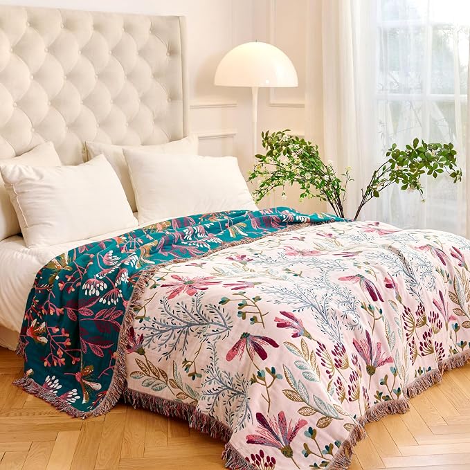MSGKV Boho Throw Blanket for Couch 50"x60" Floral 100% Cotton Blanket Spring - Image 7