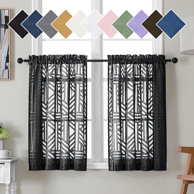 Simplebrand Black Sheer Kitchen Curtains 36 Inch Length Tier Curtains 2 Panels by Simplebrand