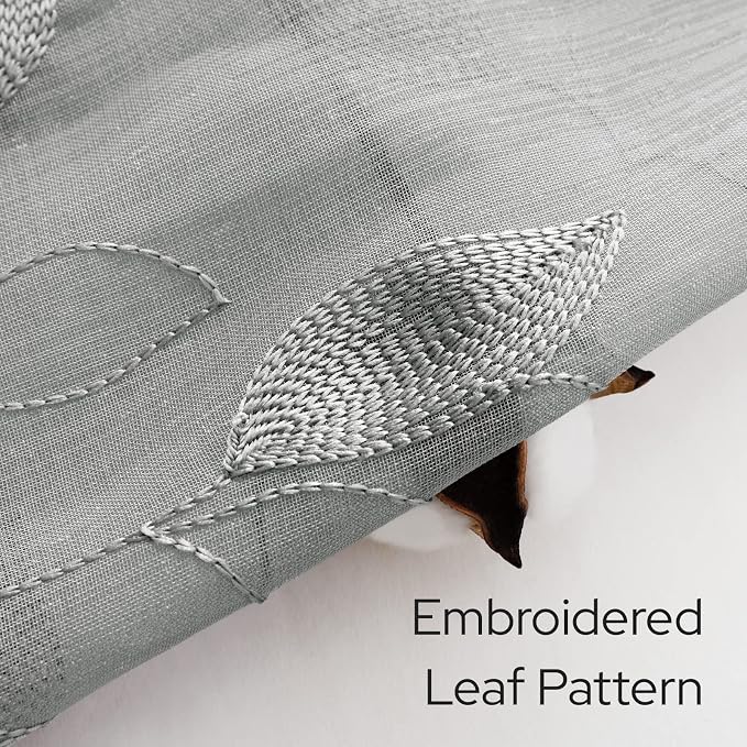 HOMEIDEAS Grey Sheer Kitchen Curtains 30 X 24 Inch Length 2 Panels Embroidered - Image 2