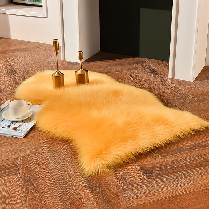 duduta Yellow Faux Sheepskin Rug 2x3 ft, Small Fluffy Shag Fur Rug by duduta
