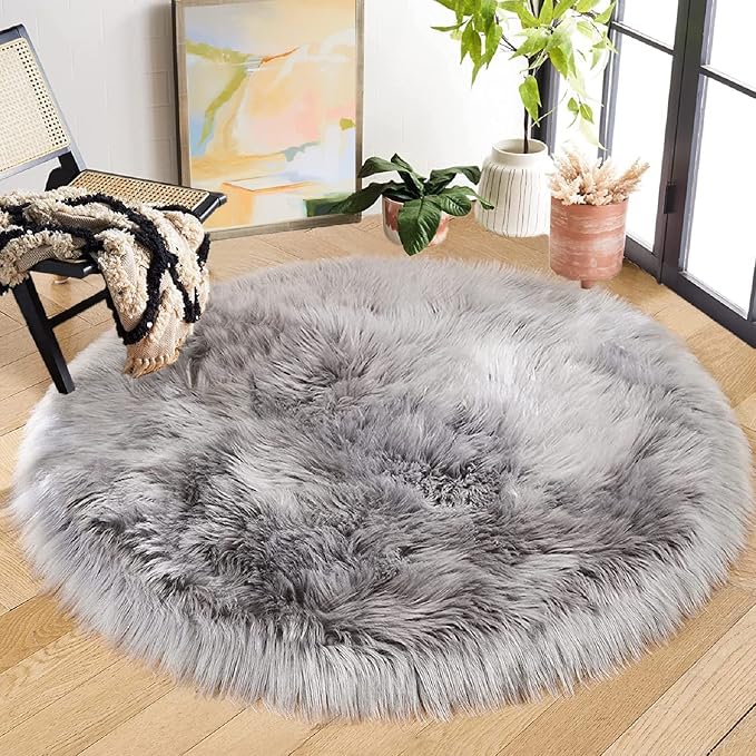 ORINOVA Silver Grey Washable Shaggy Round Rugs 6.6ft Large Faux Sheepskin Fur - Image 6