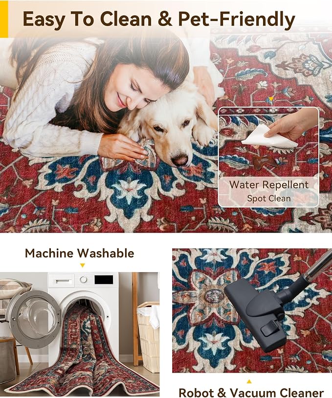 RELEANY Area Rugs 9'x12' Washable Non-Slip, Floral Vintage Distress Print - Image 5