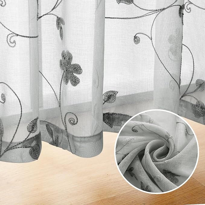 HOMEIDEAS Grey Sheer Curtains 84 Inches Long 2 Panels Embroidered Floral - Image 5